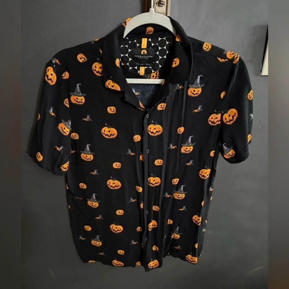 Denim & Flower Ricky Singh Black Halloween Pumpkin Button Up Shirt Men's Small - Picture 3 of 10